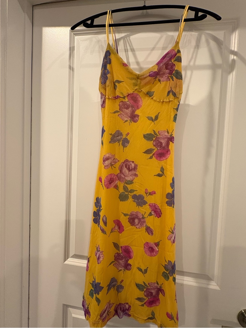 Vintage Betsey Johnson Yellow Slip Midi Dress with Pink&Purple Floral Print NWT